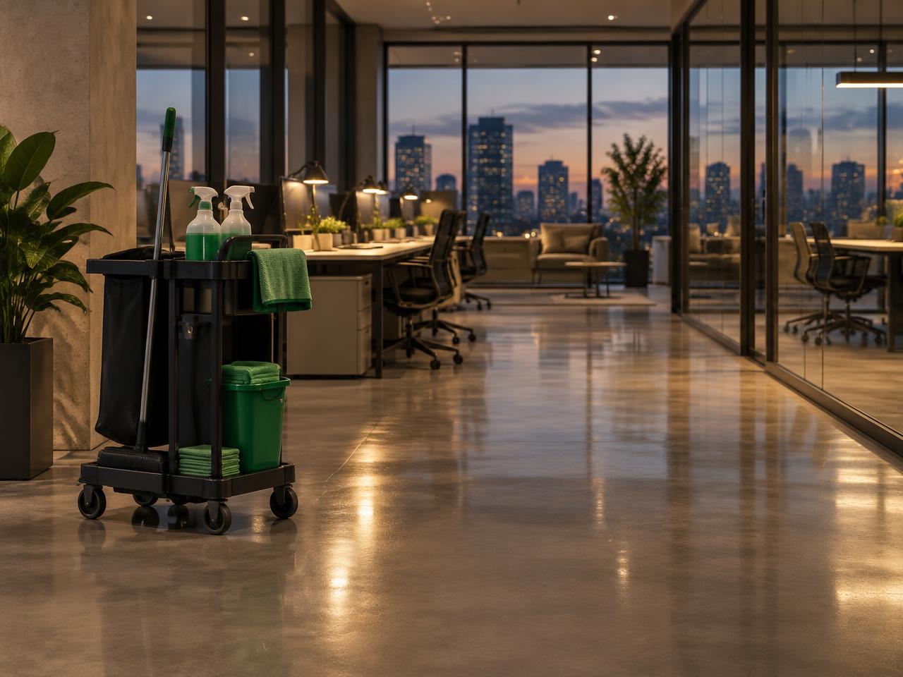 Modern office at dusk with a tidy cleaning cart