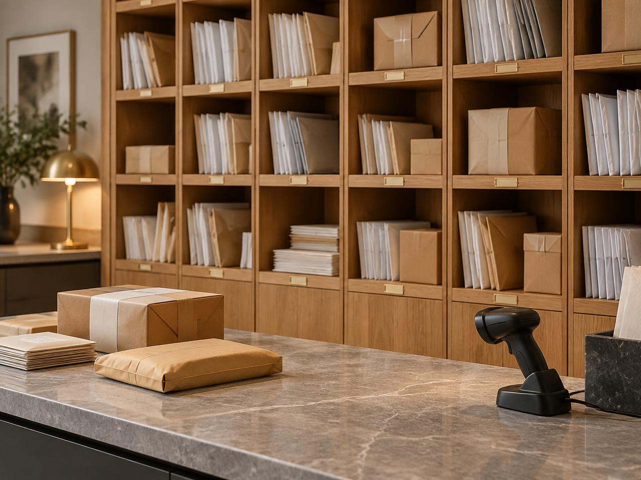 Organized mailroom with wooden cubbies and wrapped parcels