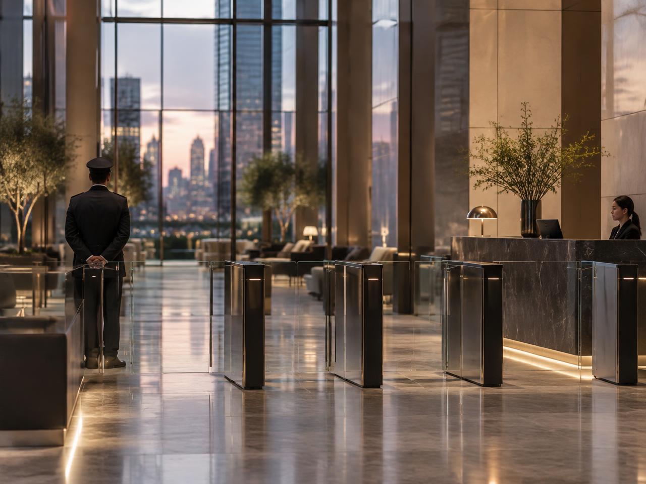 Building lobby with security turnstiles and a reception desk